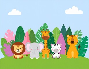 Naklejka premium Group of adorable cartoon jungle animals for kids. Cute vector illustration set with a lion, elephant, giraffe, zebra, and tiger.