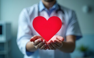 Doctor's hand holding a red heart shape in a hospital. love, donor, world heart day, health,insurance concept. ai generative. High quality