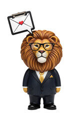 Anthropomorphic animal wearing eyeglasses and business suit thinking about a love letter with heart symbol in a thought bubble. Black background