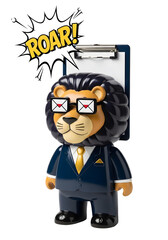 Lion figurine wearing glasses and suit holding clipboard with Roar comic bubble against a transparent background.