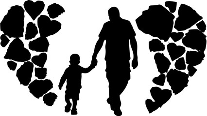 Silhouette of father and child holding hands walking in front of heart made of heart shapes vector art