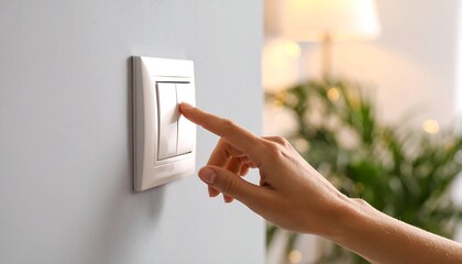A hand presses a double light switch on a wall