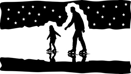 Silhouette of a father and child ice skating under a starry sky on a frozen lake surface at night