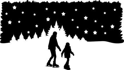 Silhouette of a parent and child ice skating under a starry sky with a forest background and snow scene