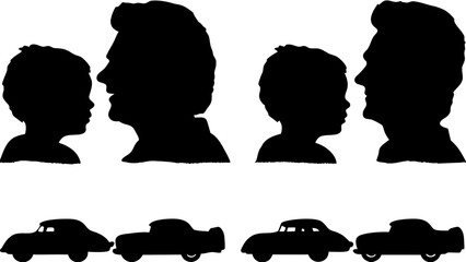 Silhouettes of two pairs of people and cars facing each other in a black and white image art work