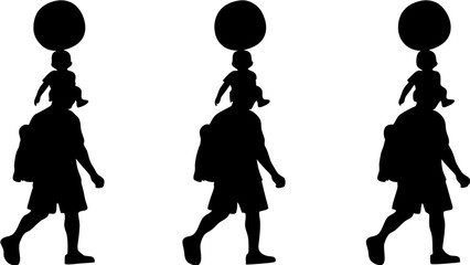 Silhouette illustration of three figures carrying children with balls on their heads in a row format