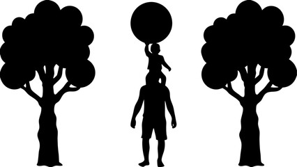 Silhouette of father carrying child on shoulders with a large ball between two trees in black