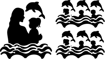 Silhouette of mother and child with dolphins jumping over waves and children swimming in the ocean waves