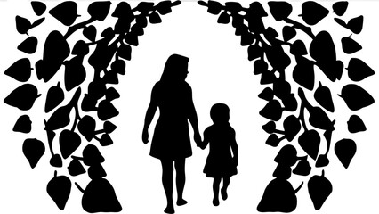 Silhouette of mother and child walking under an archway of leaves creating a natural frame element art