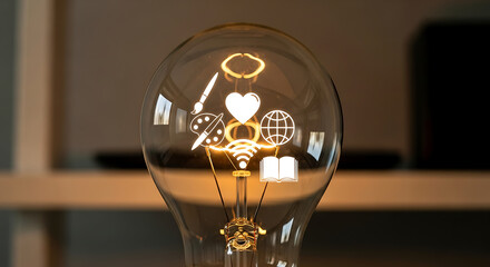 Close-up of a glowing light bulb with creative symbols inside, celebrating Krishna janmashtami on a wooden desk with warm tones.