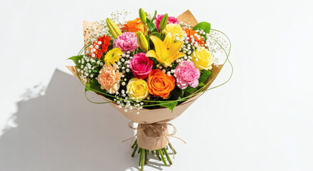 A vibrant bouquet of mixed flowers wrapped in brown paper on a white background with soft shadows