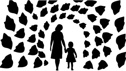 Silhouette of mother and child walking under an arch of dark shapes on a white background scene