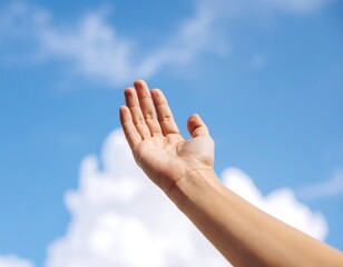 A hand reaches towards a bright, partly cloudy sky