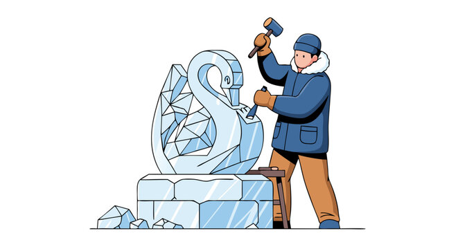 Illustration showcasing an artist meticulously crafting a magnificent swan sculpture from ice, wielding tools with focus and expertise