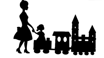 Silhouette of mother and daughter playing with a toy train and castle in a monochrome illustration