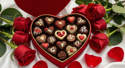 A heart shaped box filled with chocolates surrounded by red roses and petals on white fabric