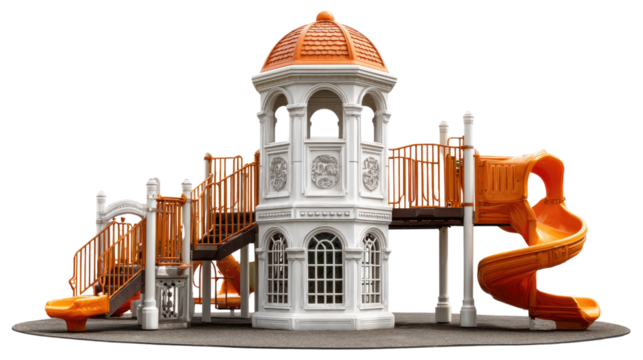 Playground Architecture: A detailed view of a vibrant playground, featuring an innovative design of interconnected structures, slides, and climbing areas, inviting kids to explore.