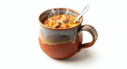 A steaming mug of hearty soup with a spoon on a white background showcasing a rustic bowl