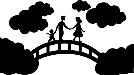 Silhouette of a family holding hands walking across a bridge with clouds in the background in black and white