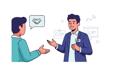 Business Negotiation and Partnership Agreement Concept with Cartoon Style Illustration Portraying Two Men Discussing a Deal