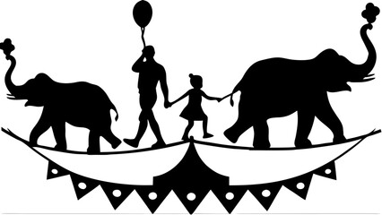 Silhouette of a circus scene with elephants a man and a child walking on a tightrope with a tent below
