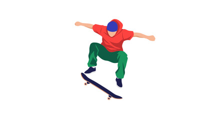 Skateboarder mid-air trick illustration expressing dynamism in urban extreme sports and personal skill showcase visual for advertising materials