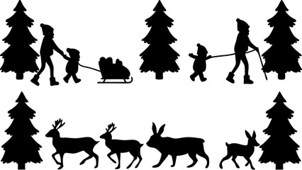 Silhouette illustration of children pulling a sled and deer and rabbits among christmas trees in winter