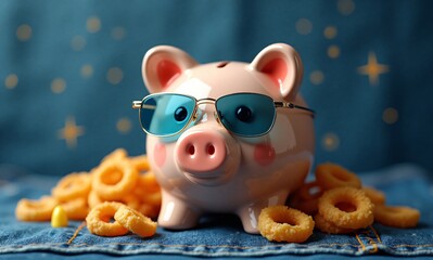 A playful piggy bank with cool glasses sits among golden onion rings, on a denim surface.