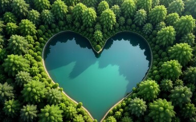Green love shape lake with tree or forest. A heart shaped lake in the middle of green forest. High quality