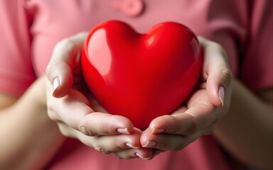 Woman hands holding red heart for blood donation,world blood donor day. Copy space for advertisers. High quality