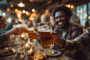 Happy smiling friends drinking beer glasses sitting at brewery pub restaurant table