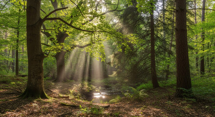 Obraz premium Sunlight streaming through the trees in a lush green forest with leaves and a small stream visible