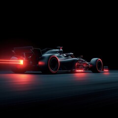 A dynamic Formula 1 car racing with glowing red lights, set against a black background.