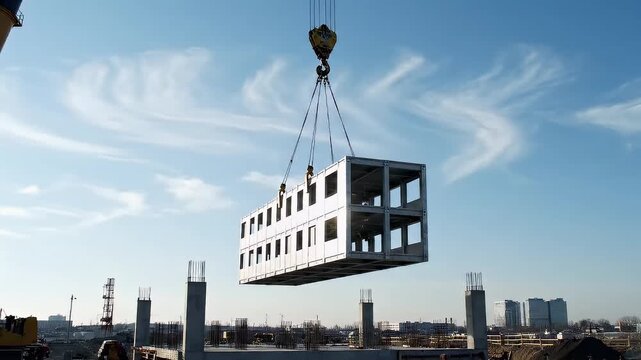 Crane hoisting a large prefabricated building module at a modern construction site