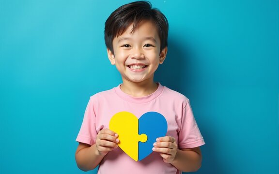 Little boy with autism holding heart made of puzzle pieces on blue background. Child mental health. Autism spectrum disorder concept, ASD. World autism awareness day. High quality