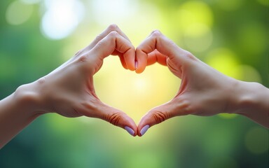 Healthy human hand in heart shape showing love friendship on blurred abstract cool blue green sky color bokeh background: Global eco environment CSR natural resource awareness/ concept/ campaign/ idea
