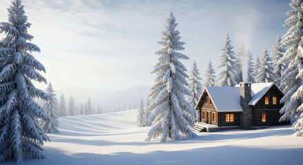 A cozy cabin nestled in a snowy forest with smoke rising from the chimney on a winter day scene