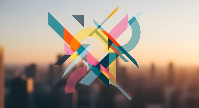 Geometric Abstraction: Colorful Shapes Overlaying a Blurred Cityscape at Sunset