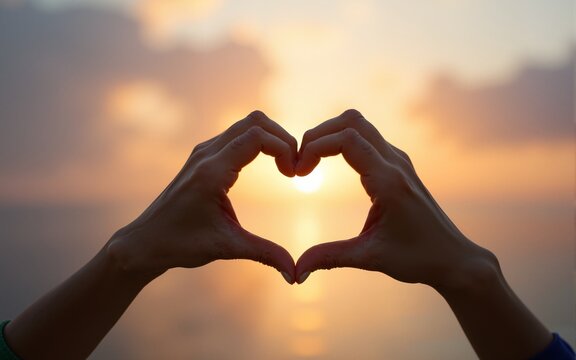 International Day of Friendship concept: hands in shape of heart on blurred  background. High quality