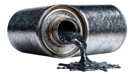 Spilled Oil: A close-up shot of an overturned oil barrel with dark, viscous oil spilling out, signifying environmental pollution.