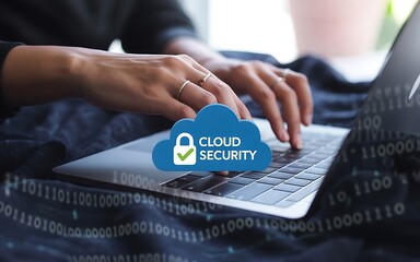 Hands typing on laptop with cloud security icon and binary code computer technology