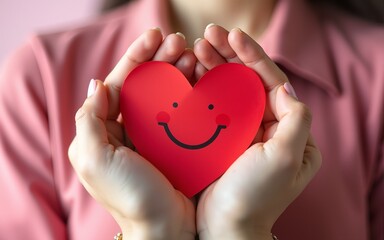 Young women hands holding smile paper red heart, health care, donate and family insurance concept, world heart day, world health day, CSR responsibility, Valentine's day, generative ai. High quality