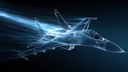 Fighter jet with speed light line. Supersonic digital jet fighter in futuristic wireframe style. Technology military airplane hologram. High-speed innovations concept. Abstract aircraft background. St