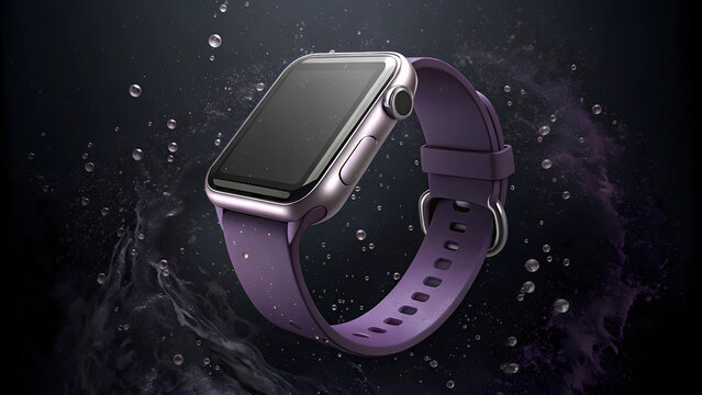 A sleek purple smartwatch with water droplets against a dark backdrop, highlighting its modern technology, fitness tracking capabilities, and water resistance - Powered by Adobe