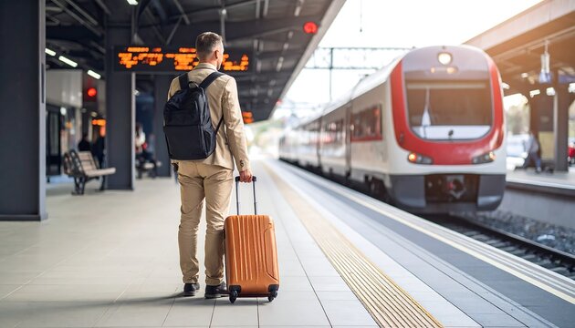 Businessman at train station with luggage