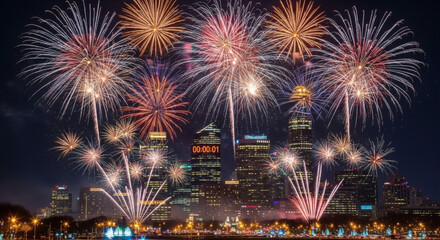 Fireworks exploding over a city skyline at night with a countdown clock on a building showing time