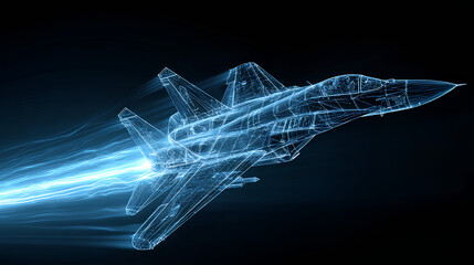 Fighter jet with speed light line. Supersonic digital jet fighter in futuristic wireframe style. Technology military airplane hologram. High-speed innovations concept. Abstract aircraft background. St