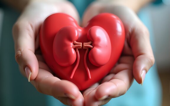 hands holiding red heart with kidney, world kidney day, organ donor day. High quality