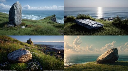 Four coastal landscape scenes with various rocks, grassy areas, and ocean views under different lighting conditions