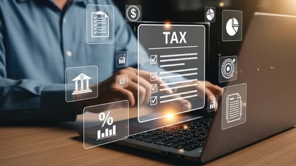 A person works on a laptop tax form Glowing digital overlays show document icons percentages and symbols associated with financial matters - Powered by Adobe